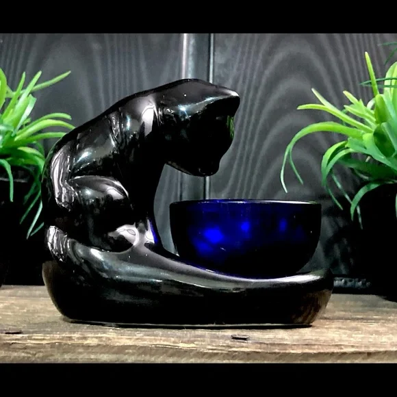 Vintage Haeger Style Black Cat | Gazing Bowl | Art Glass Cobalt Bowl - Picture 9 of 13